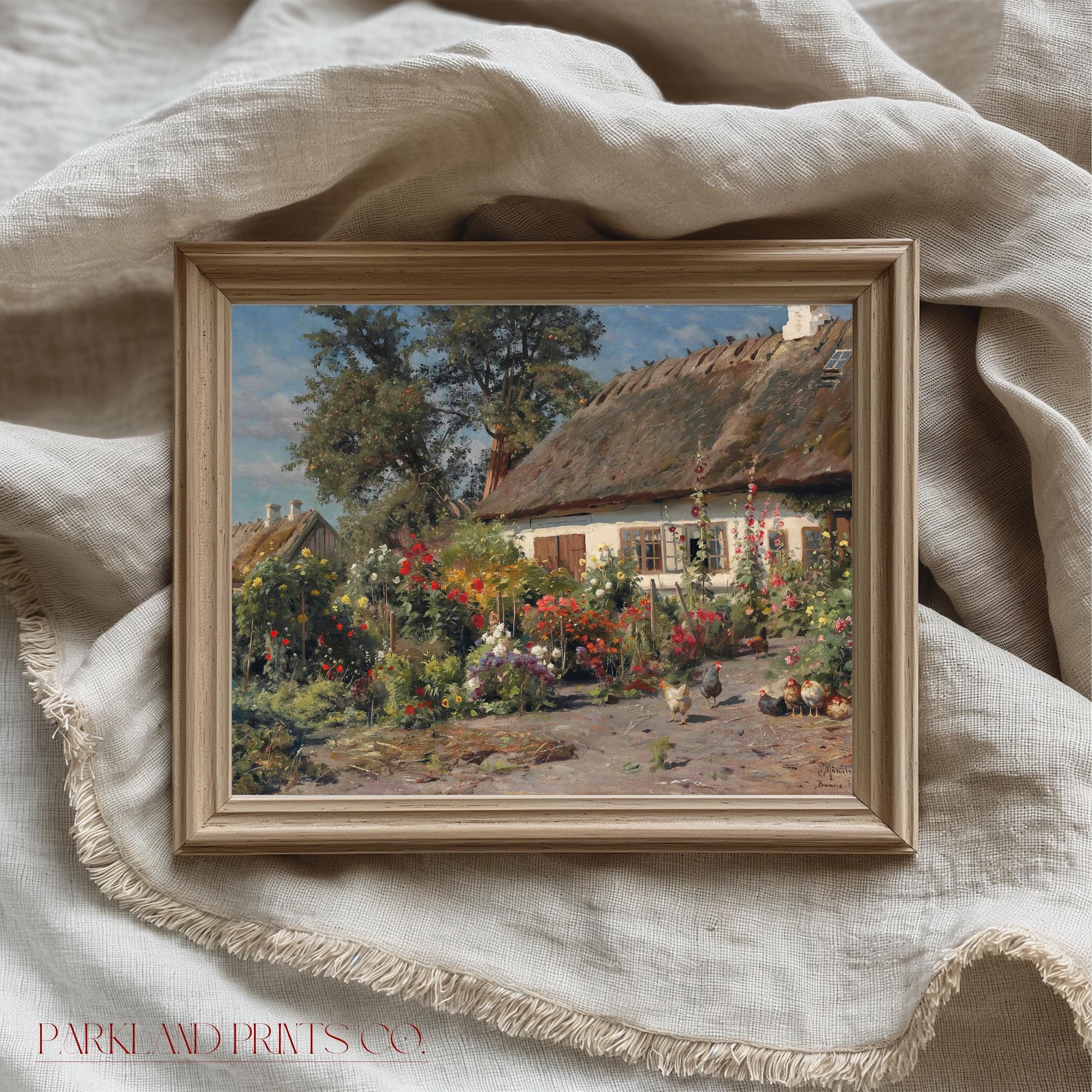 Lovely Thatched Roof Cottage And English Garden Vintage Art Print 1920s