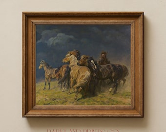 May include: A framed painting of a group of horses running through a field under a stormy sky. The horses are brown, black, and white, and they are running in a tight group. The sky is dark and stormy, with clouds moving across the sky. The painting is set in a wooden frame.