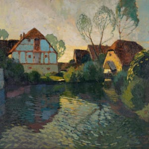 Detailed view of an oil painting depicting half-timbered European houses reflected in calm river waters, with visible brushwork and rich color palette.