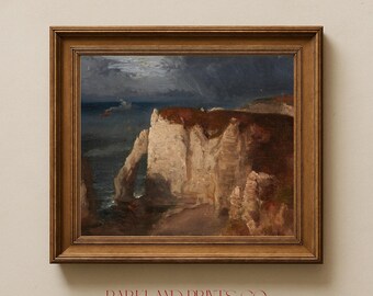 May include: A framed painting depicting a dramatic seascape with towering white cliffs and a stormy sky. The painting is set in a natural landscape with a rocky shoreline and a dark, turbulent sea.