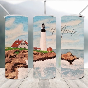 Pintura de acuarela del faro de Maine, diseños de sublimación de vaso flaco de 20 oz, para vasos rectos, descarga digital de archivos PNG
