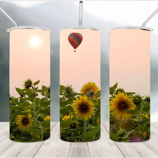 Sunflowers and hot air balloon photograph, 20oz Skinny Tumbler Sublimation Designs, For Straight Tumblers, PNG File Digital Download