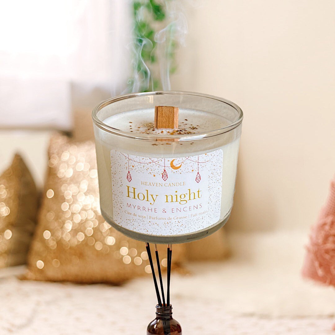 Bougie Parfumée Encens et Myrrhe | Cire Végétale de Soja Mèche en Bois Crépitante Fait Main Vegan &