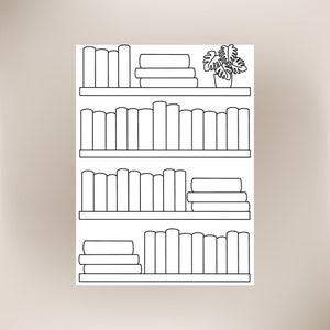 May include: A black and white line drawing of a bookshelf with four shelves. The top shelf has a potted plant and a stack of books. The other shelves are filled with books.