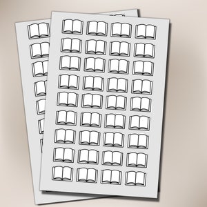 May include: Two sheets of white paper with black outline book stickers. Each sheet has 20 stickers.