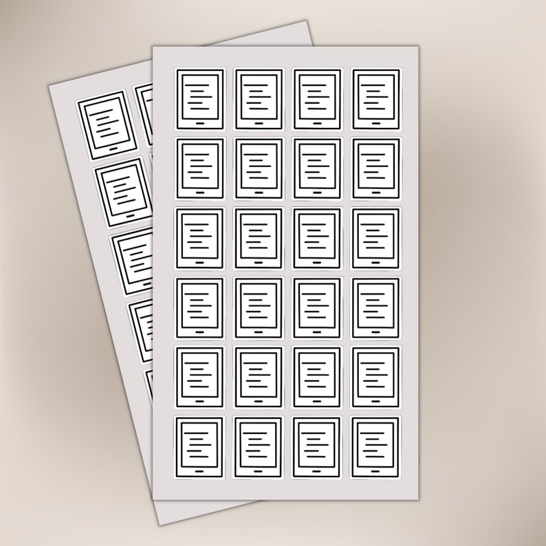 K&ouml;nnte beinhalten: Zwei B&ouml;gen wei&szlig;er Aufkleber mit einer schwarz-wei&szlig;en Illustration eines E-Readers. Jeder Aufkleber hat eine rechteckige Form und zeigt einen Bildschirm mit horizontalen Linien, die Text &auml;hneln. Die Aufkleber sind in einem Raster angeordnet.