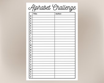 May include: A printable alphabet challenge worksheet with blank lines next to each letter of the alphabet. The worksheet has the words "Title:" and "Author:" at the top.