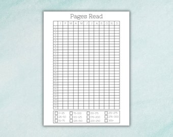 May include: A black and white printable reading tracker with a grid for logging pages read each month. The tracker includes a section for recording the number of pages read in different ranges, such as 0-25, 26-50, 51-75, and so on.