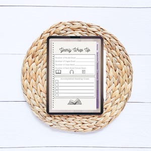 May include: A digital planner page with a yearly wrap up section for tracking reading goals. The page includes sections for the number of books read, pages read, days read, and book format read. There is also a checklist for accomplished reading goals.