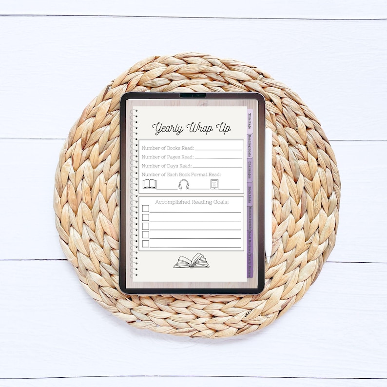 May include: A digital planner page with a yearly wrap up section for tracking reading goals. The page includes sections for the number of books read, pages read, days read, and book format read. There is also a checklist for accomplished reading goals.