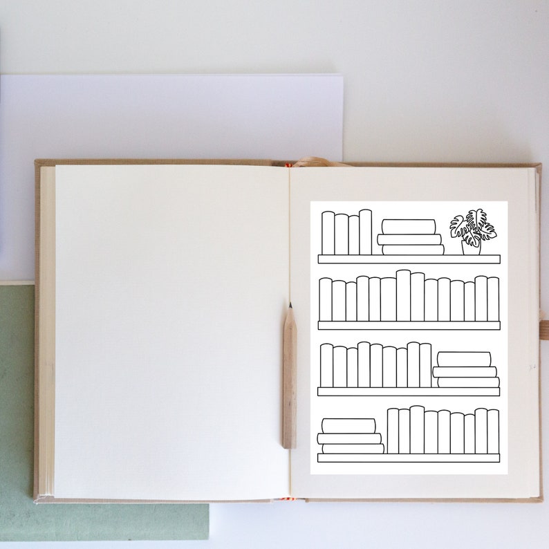 May include: A black and white line drawing of a bookshelf with three shelves filled with books. A small plant is on the top shelf.