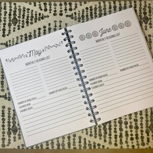 May include: A close-up of a two-page spread from a reading journal. The left page is for May and the right page is for June. Each page has a section for a monthly reading list, number of books read, favorite book, favorite quote, and number of pages read.