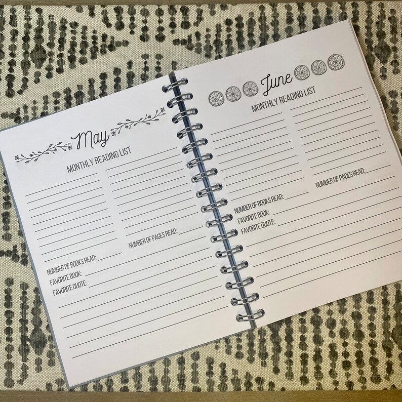 May include: A close-up of a two-page spread from a reading journal. The left page is for May and the right page is for June. Each page has a section for a monthly reading list, number of books read, favorite book, favorite quote, and number of pages read.