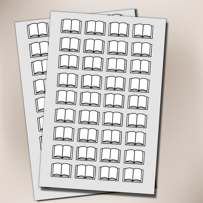 K&ouml;nnte beinhalten: Zwei Stickerb&ouml;gen mit einem sich wiederholenden Muster aus Illustrationen offener B&uuml;cher. Die B&uuml;cher sind in einer einfachen schwarzen Umrandung auf wei&szlig;em Hintergrund dargestellt. Die Aufkleber sind auf hellgrauem Papier angeordnet.