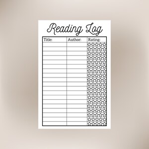 May include: A printable reading log with columns for title, author, and rating. The rating column has a 5-star rating system.