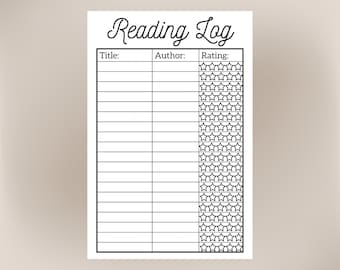 May include: A printable reading log with columns for title, author, and rating. The rating column has a 5-star rating system.