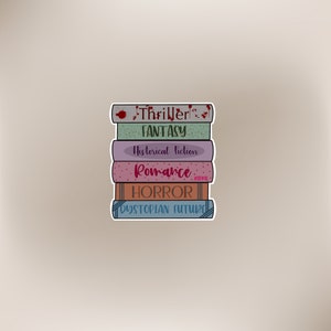 May include: A stack of six colorful books with different genres written on the spines: Thriller, Fantasy, Historical Fiction, Romance, Horror, and Dystopian Future.