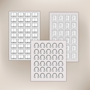 May include: Three white rectangular sheets with black line art illustrations. One sheet features open books, another has e-readers, and the third displays headphones. The illustrations are evenly spaced and repeated across each sheet.