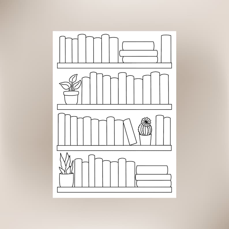 May include: A black and white line drawing of a bookshelf with three shelves. Each shelf is filled with books and has a small potted plant on the end. The top shelf has a stack of three books on the right side.