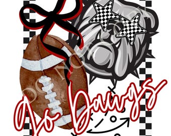 Op de afbeelding: Een grafisch ontwerp met een bruine football met witte veters, een zwart en rood lint, en een bulldog met stervormige brillen in een zwart-wit geblokt patroon. De tekst Go Dawgs staat in rode letters geschreven op een geblokte achtergrond.
