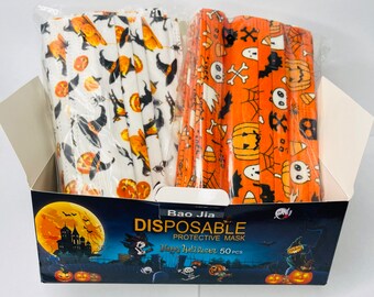 Halloween Print Disposable Face Mask 50 PC Assorted 3Ply Adult Ear Loop Mouth Cover