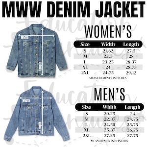 Tabla de tallas de chaqueta vaquera MWW para hombre y mujer, Listado de productos de Printify para chaquetas vaqueras de impresión bajo demanda, Descarga digital PNG cuadrada