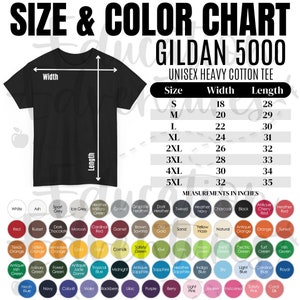 Gildan 5000 Farb- und Maßtabelle, Printify-Produktlisting für Unisex-Erwachsenen-T-Shirts aus schwerer Baumwolle, quadratischer PNG-Digital-Download