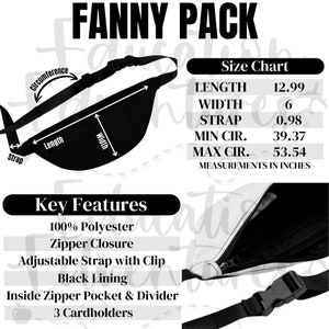 Gráfico de tamaños y características clave de Fanny Pack, listado de productos Printify para Fanny Packs, descarga digital PNG cuadrada, imágenes impresas bajo demanda