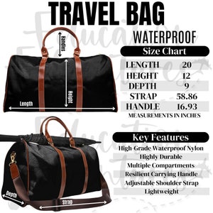Wasserdichte Reisetasche Größe und Hauptfunktionstabelle, Drucken Sie das Produktangebot für Reisetaschen, quadratische PNG digitaler Download