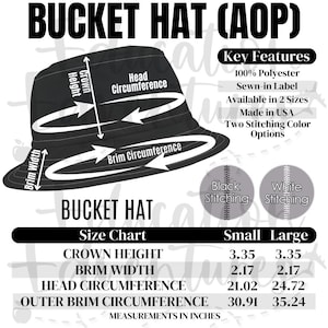 Tabla de tamaños y características clave de Bucket Hat (AOP), listado de productos Printify POD para sombreros de cubo con impresión completa, descarga digital PNG cuadrada