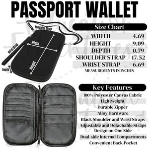 Tabla de tamaños de carteras de pasaportes y características clave, listado de productos Printify POD para carteras de pasaportes, descarga digital PNG cuadrada, impresión bajo demanda