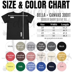 Bella + Canvas 3001T Tabla de colores y tamaños, Listado de productos Printify para camiseta de manga corta para niños pequeños, Descarga digital PNG cuadrada