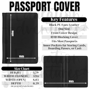 Tabla de tamaños de portadas de pasaportes y características clave, listado de productos Printify POD para portadas de pasaportes, descarga digital PNG cuadrada, impresión bajo demanda
