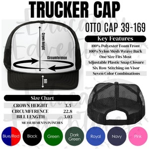 Gorra de camionero OTTO Cap 39-169 Tabla de tamaños Tabla de colores Características clave, Listado de productos POD para gorras de camionero, Descarga digital PNG cuadrada