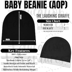 Baby Beanie AOP The Laughing Giraffe Size Chart Características clave, Listado de productos POD, Descarga digital PNG cuadrada, Vendedores de impresión bajo demanda