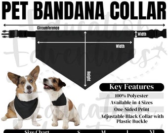 Pet Bandana Collar Size Chart and Key Features, Printify POD Product Listing for Pet Bandanas, Square PNG Digital Download