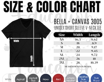 Bella + Canvas 3005 Color & Size Chart, Printify Product Listing for Unisex Jersey Short Sleeve V-Neck Tee, Square PNG Digital Download