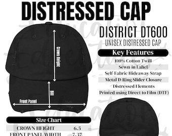 Unisex Distressed Cap District DT600 Size Chart Color Chart Key Features, POD Product Listing Distressed Caps, Square PNG Digital Download