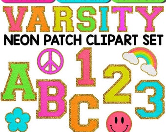 Neon Groovy Varsity Patch Letters Clipart & Pinnwand Set - Kommerzielle Nutzung