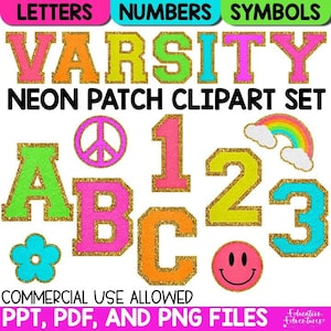 Conjunto de clipart e quadro de avisos de letras neon Groovy Varsity - uso comercial
