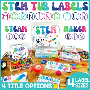Puede incluir: Etiquetas coloridas para cubos STEM con diferentes títulos como "Steam Tub", "Maker Bin" y "Morning Tub". Las etiquetas son de varios tamaños y presentan un esquema de colores arcoíris.