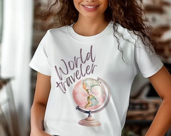 Camiseta World Traveler Globe, Camiseta World Traveler, Camiseta de vacaciones, Regalo para viajeros, Traje de pasión por los viajes para mujeres, Ropa de aventura