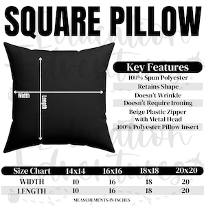Tabla de tamaños y características principales de almohadas cuadradas de poliéster hilado, listado de productos POD de Printify para almohadas cuadradas, descarga digital PNG cuadrada, MWW