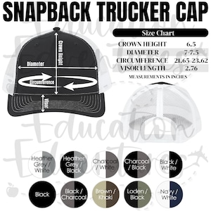 Tabla de tallas y colores de gorras de camionero Snapback, lista de productos POD, descarga digital PNG cuadrada