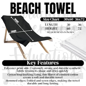 Tabla de tallas y características principales de toallas de playa, listado de productos POD de Printify para toallas de playa, descarga digital PNG cuadrada, productos personalizados SPOKE