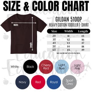 Tabla de colores y tallas de Gildan 51000P, listado de productos de Printify para camiseta de algodón pesado para niños pequeños, descarga digital PNG cuadrada