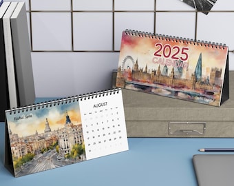 European Capital Cities Watercolor Travel Desktop Calendar 2025, Travel Theme Home & Living, Gift for Travelers, Office Accessory