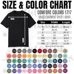 Tabla de colores y tallas Comfort Colors 1717, listado de productos de Printify para sudadera unisex de cuello redondo, descarga digital PNG cuadrada