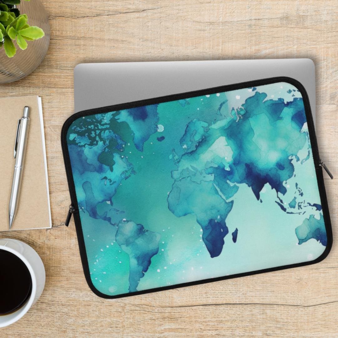 Watercolor World Map Ocean Laptop Sleeve Laptop Case, Travel Theme Home ...