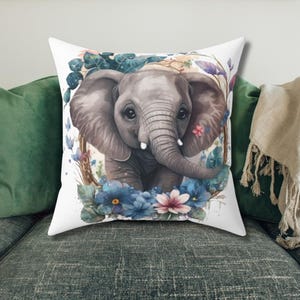 Floral Baby Elephant Safari Animal Square Pillow, Travel Theme Home & Living, Gift for Travelers, Adventure Lovers, Travel Lover